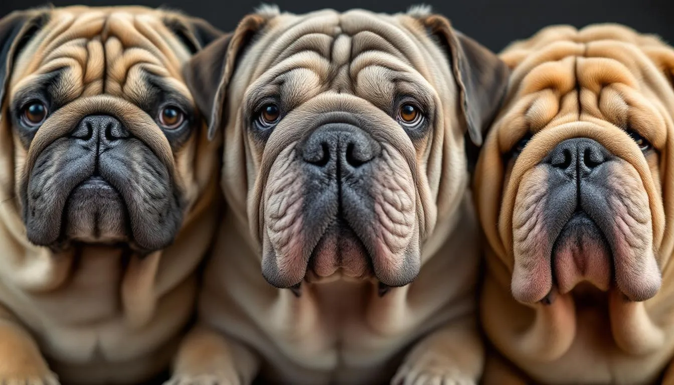 A close-up photo features various wrinkly dog breeds, highlighting their distinctive facial features and deep skin folds. The image showcases adorable wrinkly dogs like basset hounds, French bulldogs, and Neapolitan mastiffs, all displaying their characteristic wrinkled appearances and loose skin.