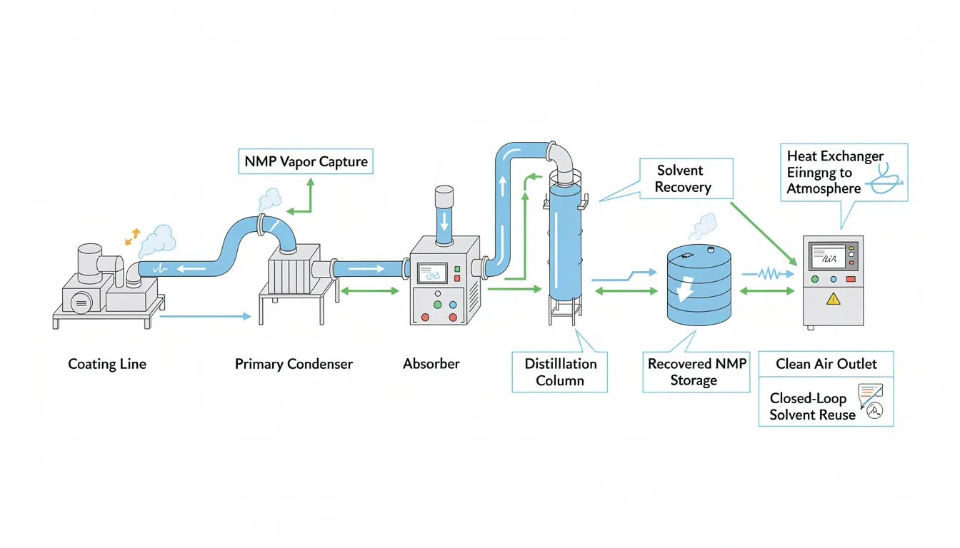 The image depicts a scenario diagram of NMP recovery systems, illustrating the process of solvent recovery and distillation for lithium-ion batteries. It highlights the modular design and components involved in the efficient purification and reuse of organic solvents, emphasizing environmental protection and the reduction of volatile organic compounds.