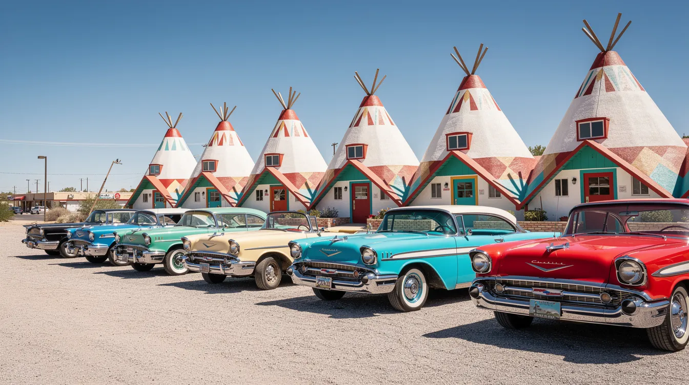 The image features a vibrant row of teepee-shaped motel rooms at the historic Wigwam Motel, with classic cars parked in front under a clear blue sky, embodying the spirit of Route 66 and its rich history. This iconic scene captures the essence of small-town America and the scenic beauty of the open road.