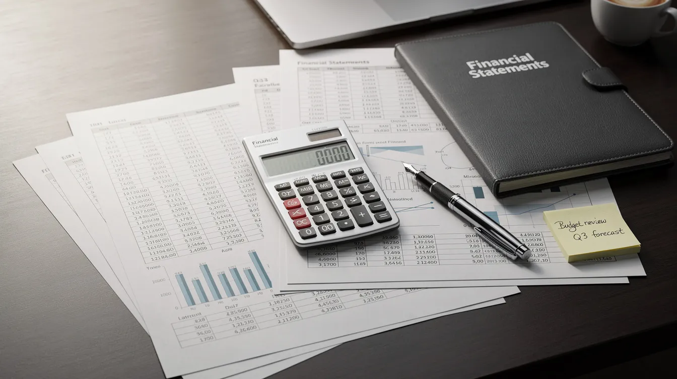 The image features a professional desk cluttered with financial spreadsheets and documents, accompanied by a calculator and a pen, highlighting the detailed financial analysis necessary for a rice mill business. This setup reflects the careful planning and assessment of costs, market demand, and profitability within the rice industry.