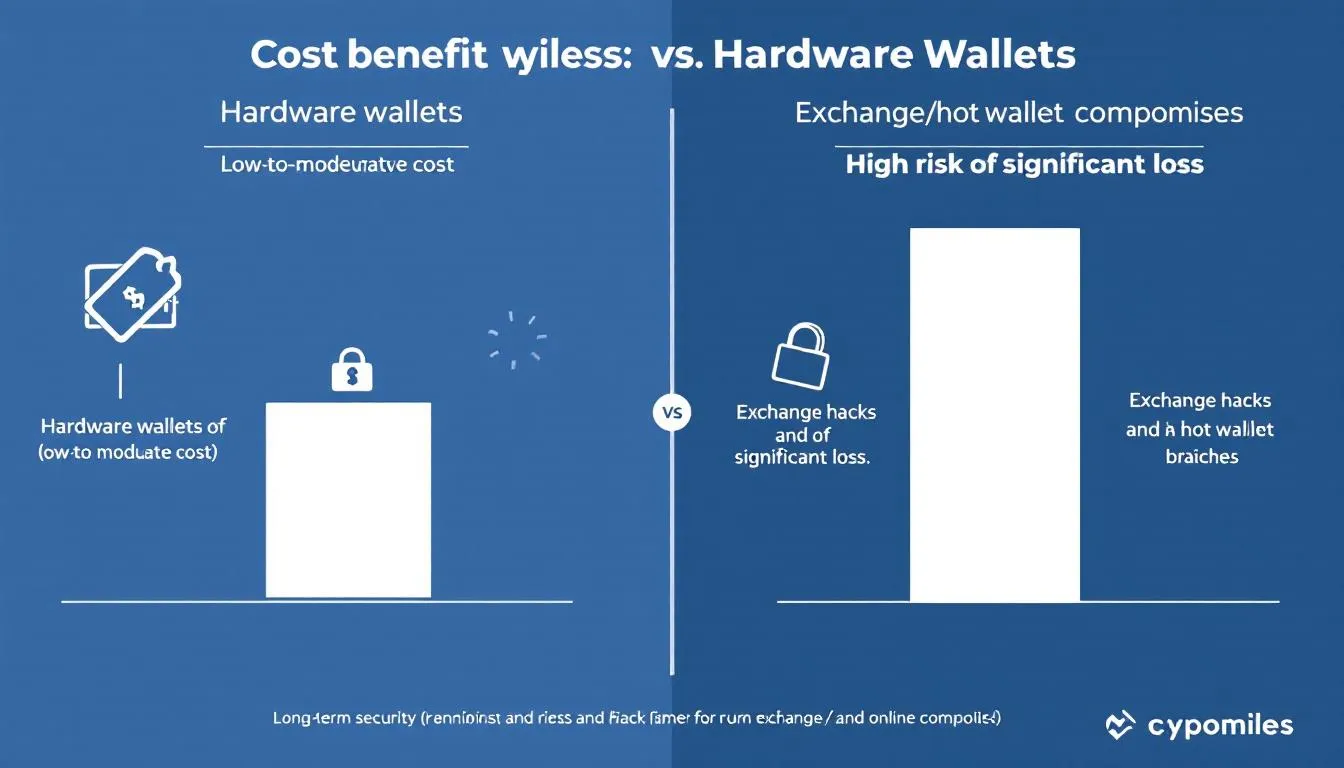The image depicts a chart comparing the cost-benefit analysis of hardware wallets, like the Ledger Nano, against potential losses from exchange hacks and hot wallet compromises. It highlights the maximum security offered by cold wallets for storing digital assets, emphasizing the importance of private keys and recovery phrases for ensuring full control over crypto assets.