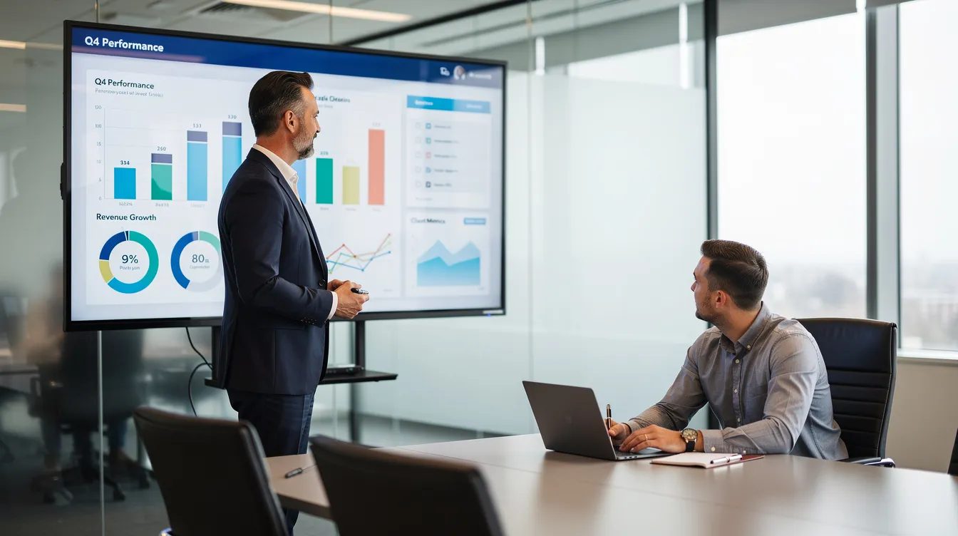 The image shows a professional presenting data on a large screen in a meeting room to a client, emphasizing key features of Airtable's pricing plans, including the enterprise scale plan and the generous free plan. The presenter appears engaged, illustrating how Airtable can enhance project management for both small teams and growing businesses.