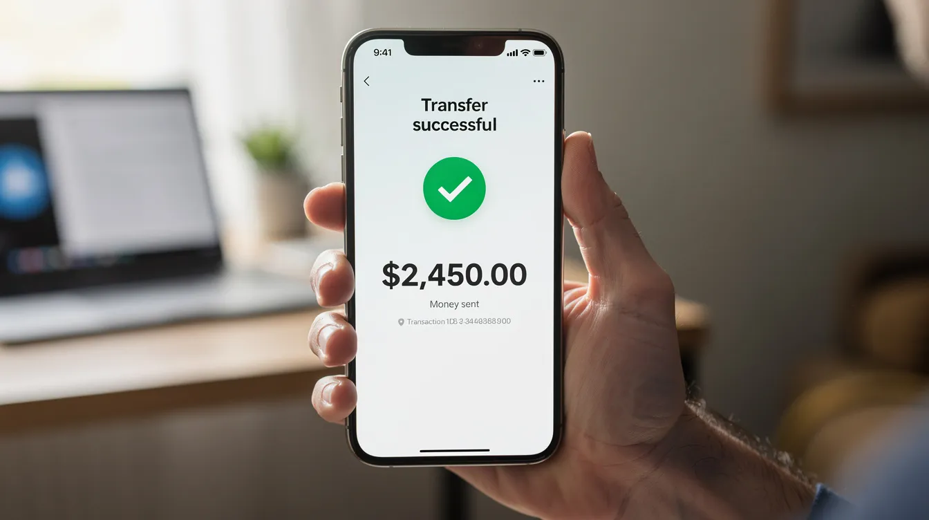 A person is holding a smartphone displaying a successful money transfer confirmation, indicating that they have just completed an online transfer to send money to Kenya. The screen shows details such as the transfer amount and recipient information, highlighting the ease of sending money with just a few taps.