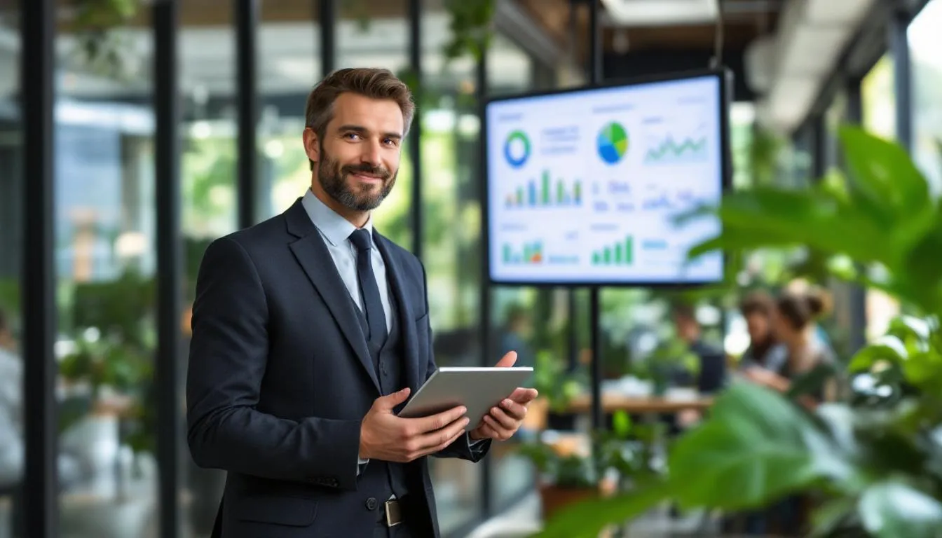 The image depicts a diverse group of professionals engaged in a discussion about integrating sustainability into core business strategies. They are surrounded by charts and graphs illustrating sustainable business practices and the benefits of adopting sustainability strategies for long-term success and competitive advantage.