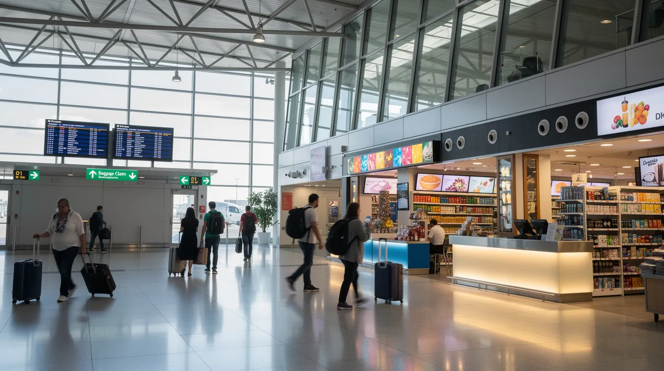 The image depicts the arrivals hall of a modern airport bustling with travelers pulling luggage past brightly lit retail kiosks, where visitors can purchase local prepaid sim cards, including options for tourist sim packages and mobile data plans. This vibrant scene highlights the convenience of buying a Turkish sim card upon arrival for seamless connectivity during their stay.