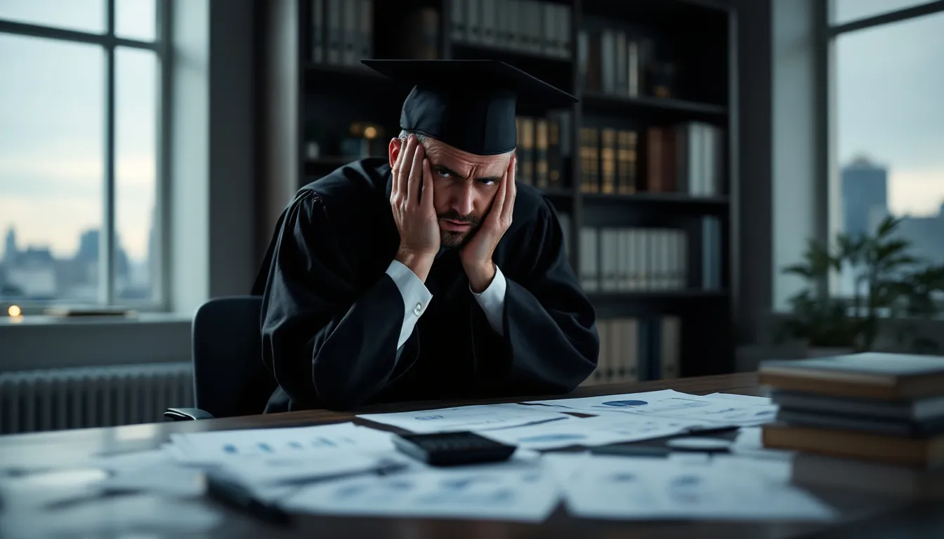 A recent graduate in a cap and gown looks concerned while reviewing financial documents, reflecting on the challenges of planning for their future career earnings in business and technology. The expression on their face suggests a deep focus on the potential expenses and opportunities that lie ahead as they navigate their path towards becoming a successful architect.