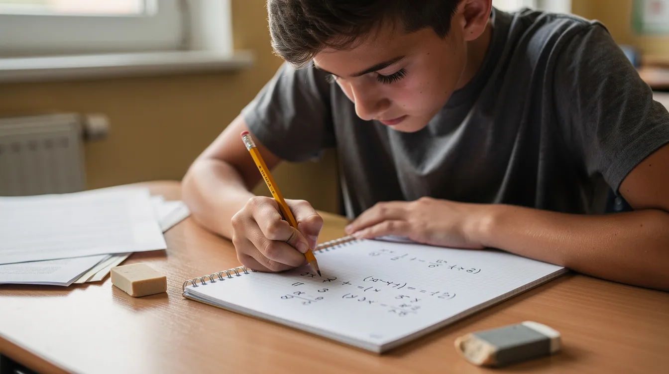 Na obrazku widać ucznia siedzącego przy drewnianym biurku, kt&oacute;ry pisze r&oacute;wnania matematyczne w zeszycie za pomocą oł&oacute;wka. Skupiony na zadaniu, wykorzystuje zasady kolejności wykonywania działań, aby otrzymać poprawny wynik.