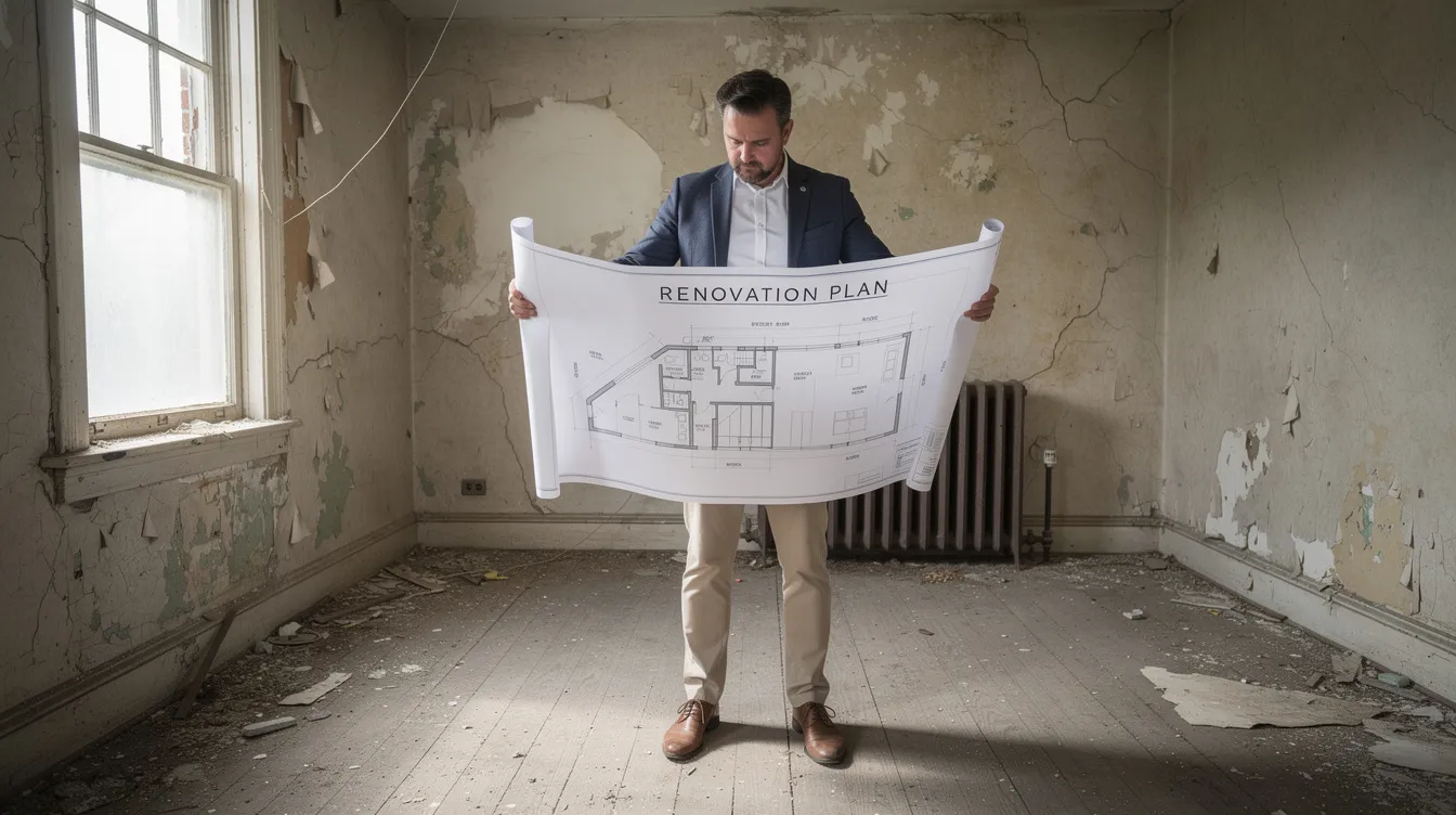 An investor stands in an empty room of an unrenovated house, examining blueprints for potential renovations. This setting reflects the beginning stages of a fix and flip project, where real estate investors often consider hard money loans to finance their investment property.