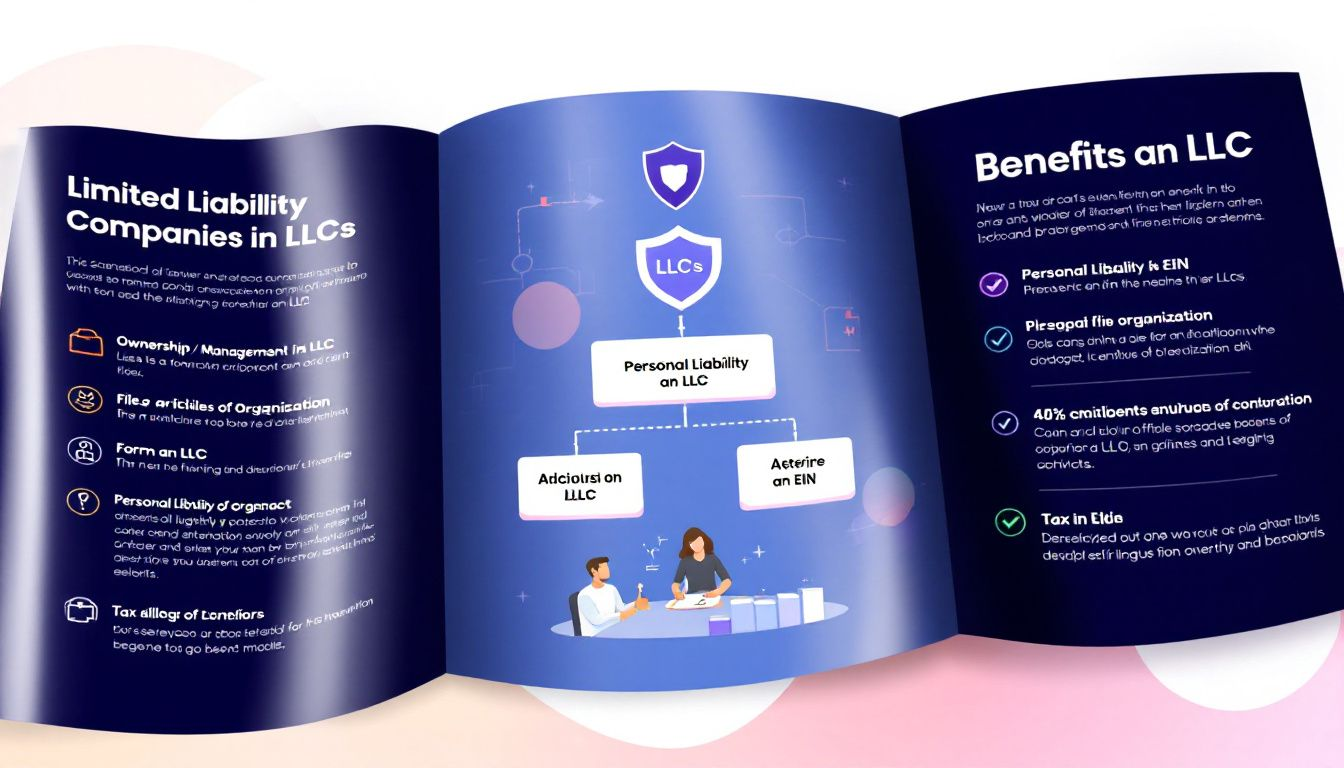 A visual representation of limited liability companies (LLCs) highlighting their benefits and structure.
