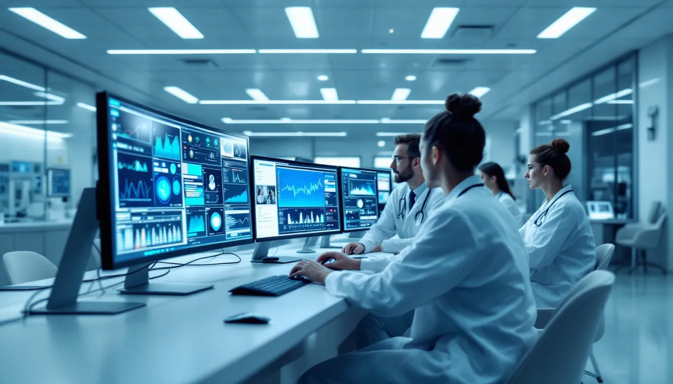 In a modern laboratory, medical researchers are engaged in data analysis, examining patient data across multiple computer screens. They utilize healthcare data analytics to derive valuable insights that can improve patient outcomes and inform clinical trials.
