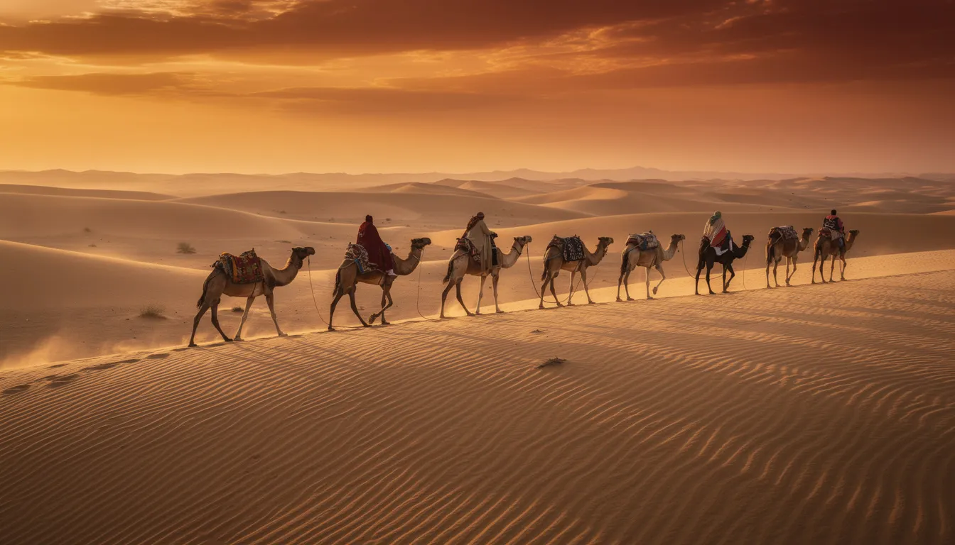 A camel caravan crosses the golden sand dunes of the Sahara Desert at sunset, with a dramatic orange sky illuminating the scene. This picturesque moment captures the essence of a trip to Morocco, showcasing the beauty of North Africa's landscapes.