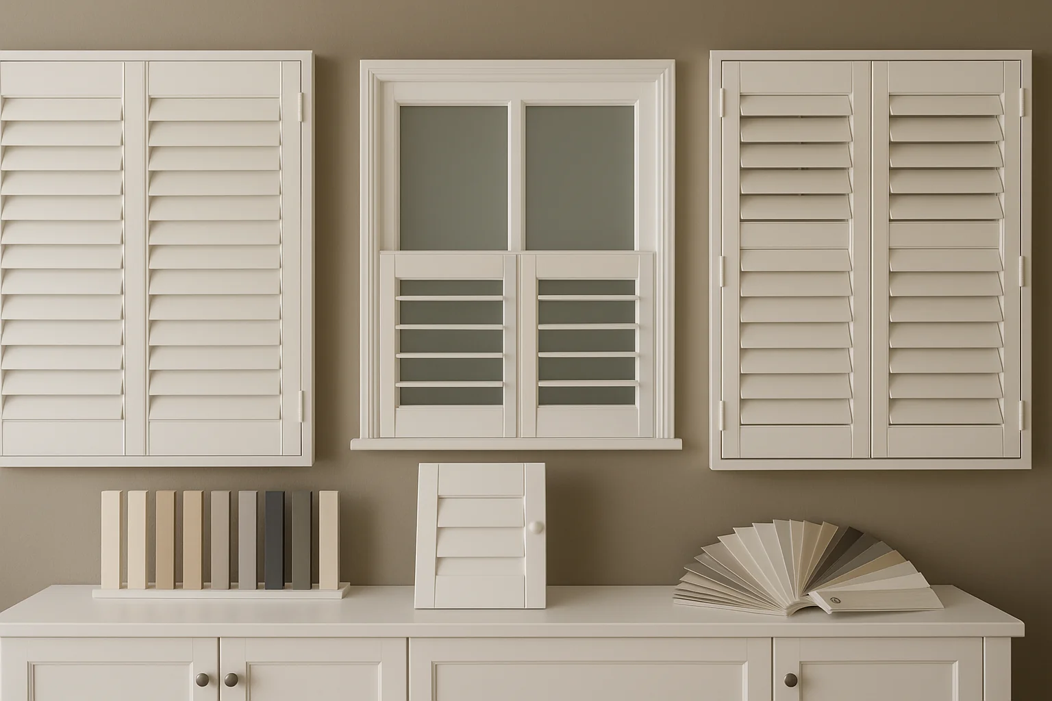 "Various shutter styles including plantation and café style displayed in a showroom"
