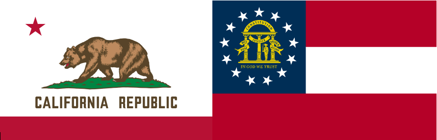 California state flag to the left of the Georgia state flag. GA auto hauling services.