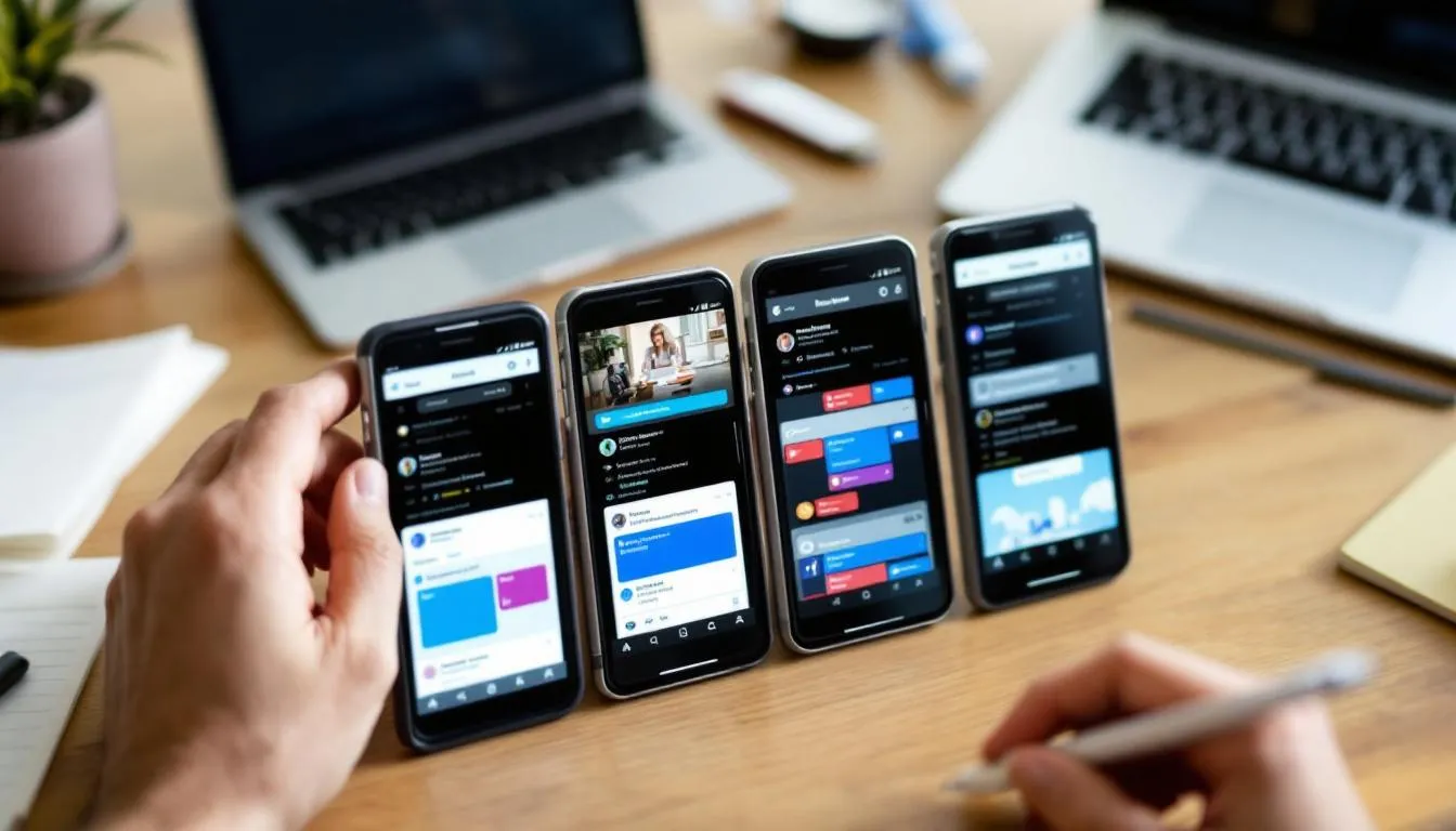 The image features multiple smartphone screens, each showcasing different social media platforms along with their respective posting schedules. These screens illustrate various posting strategies and frequencies, highlighting the importance of a social media management tool for effective content planning and engagement with the target audience.