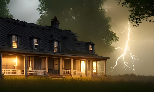 A house with a whole-house surge protector installed and a lightning strike in the background. 