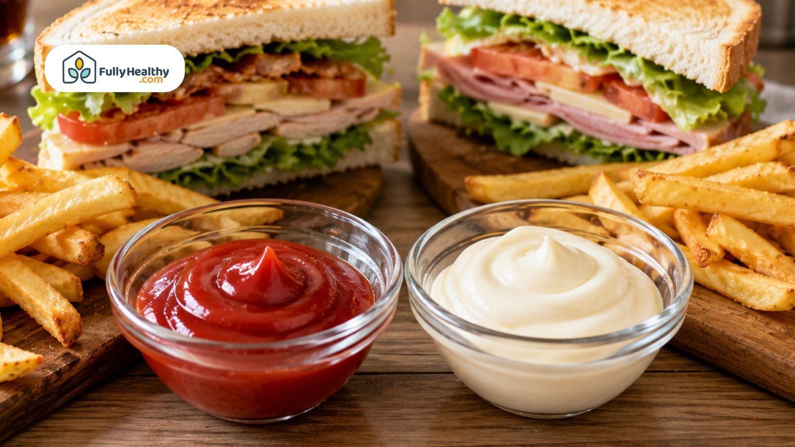 Ketchup and mayonnaise in glass bowls with sandwiches and fries on a restaurant-style wooden tabletop.
