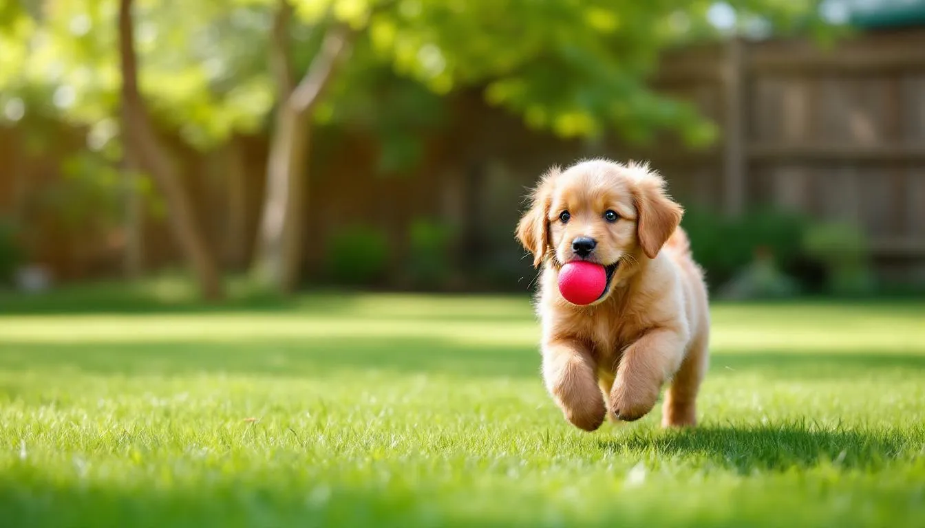 A playful mini goldendoodle with a curly coat is happily fetching a bright toy in a sunny backyard, showcasing its affectionate nature and energetic spirit. This charming dog, a hybrid breed of golden retriever and miniature poodle, embodies the friendly demeanor typical of full grown mini goldendoodles.