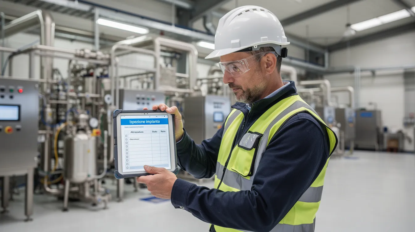 Un ispettore, con un tablet in mano, sta effettuando una verifica delle attrezzature in un impianto industriale, assicurandosi che tutto rispetti gli standard di sicurezza e qualità. La scena evidenzia l'importanza del monitoraggio e della gestione dei fornitori all'interno della supply chain.