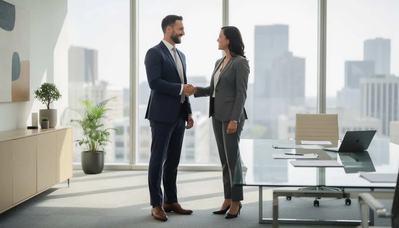 In an office setting, two business professionals are shaking hands, symbolizing a successful negotiation or agreement related to executive compensation matters. This interaction may involve discussions around executive employment agreements, compensation arrangements, or other key employee benefits.