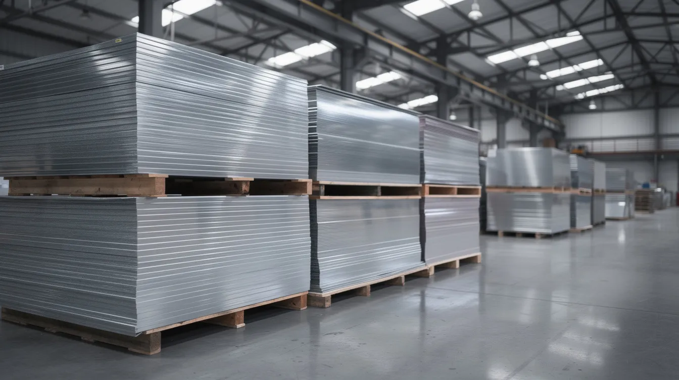 The image features neatly stacked sheets of shiny cold rolled steel, showcasing their smooth reflective surfaces within a warehouse setting. The sheets are arranged to highlight their precise dimensions and surface finish, typical of cold rolled products used in various applications.