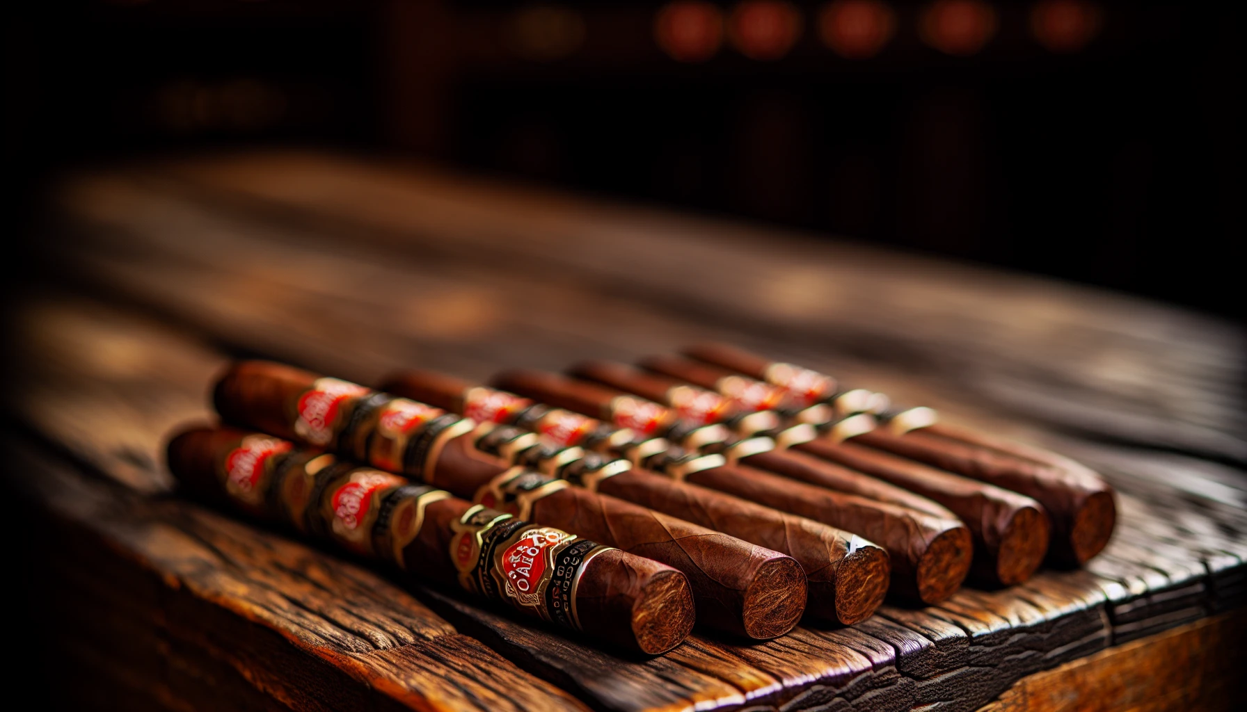 A group of Last Call Habano Corticas arranged on a rustic tabletop