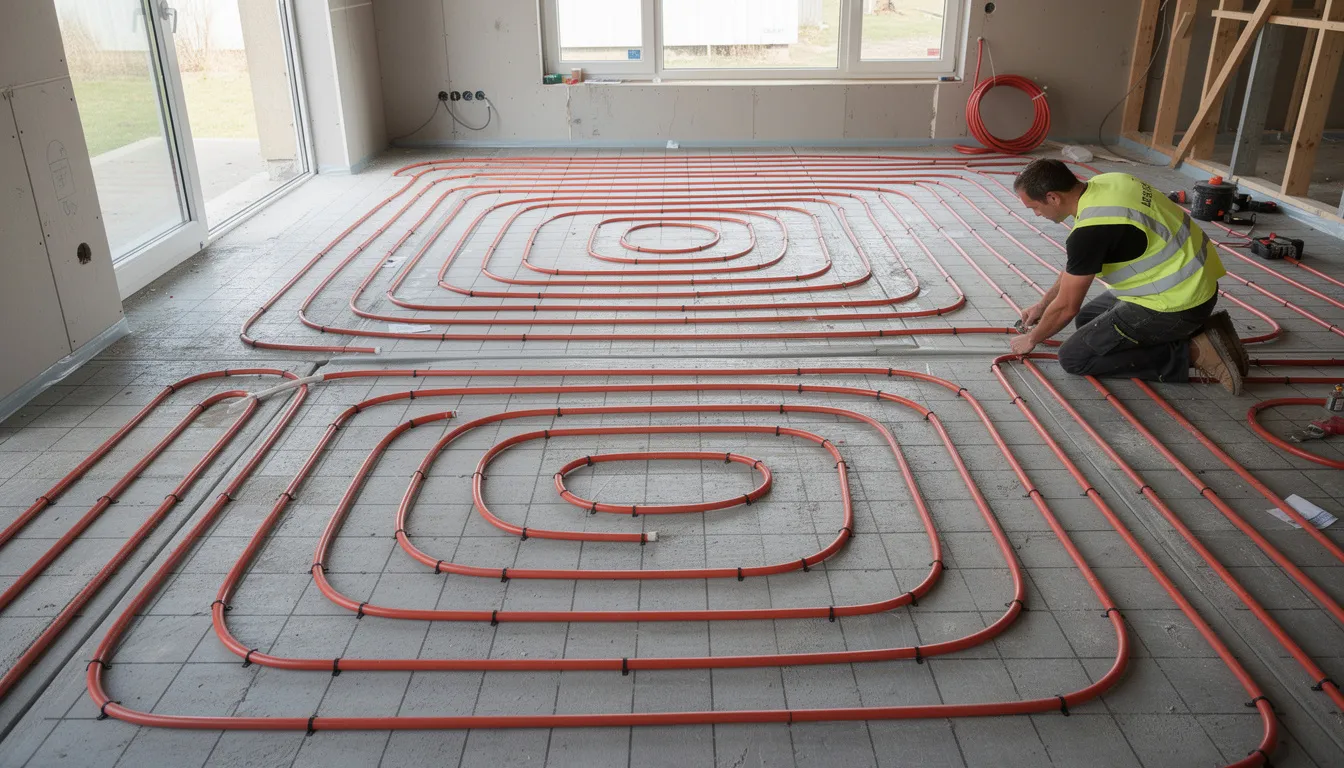 The image shows underfloor heating pipes being carefully laid out on a concrete slab in preparation for flooring installation. This setup is part of a central heating system designed to provide efficient heat distribution throughout the property.