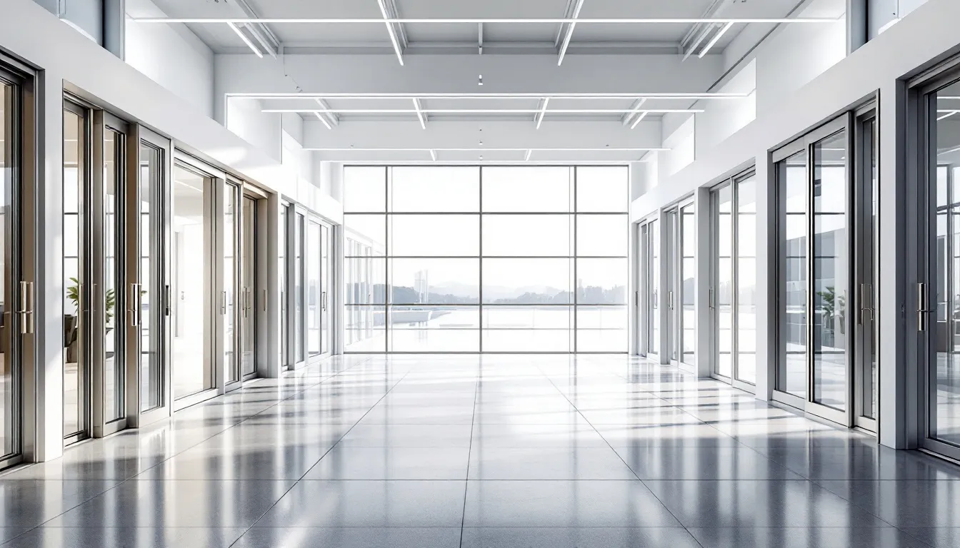 De afbeelding toont een ruime showroom met een verscheidenheid aan aluminium kozijnen en schuifpuien, waaronder de beste tweedelige aluminium schuifpui en nieuwe aluminium kozijnen. De moderne uitstraling van deze producten benadrukt hun uitstekende isolatie en lange levensduur, wat ze tot een slimme investering maakt voor elke functionele woning.