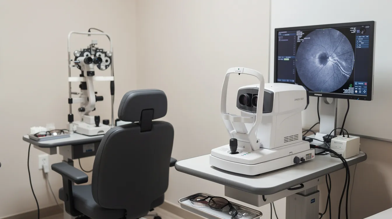 ee348fe7 8204 4df5 b377 536ed9ab19b8 The image shows an ophthalmology diagnostic equipment setup, prominently featuring an Optical Coherence Tomography (OCT) machine in a clinical setting, which plays a crucial role in providing high-quality eye care services. This environment emphasizes patient safety and operational efficiency essential for effective patient flow and comprehensive eye care.