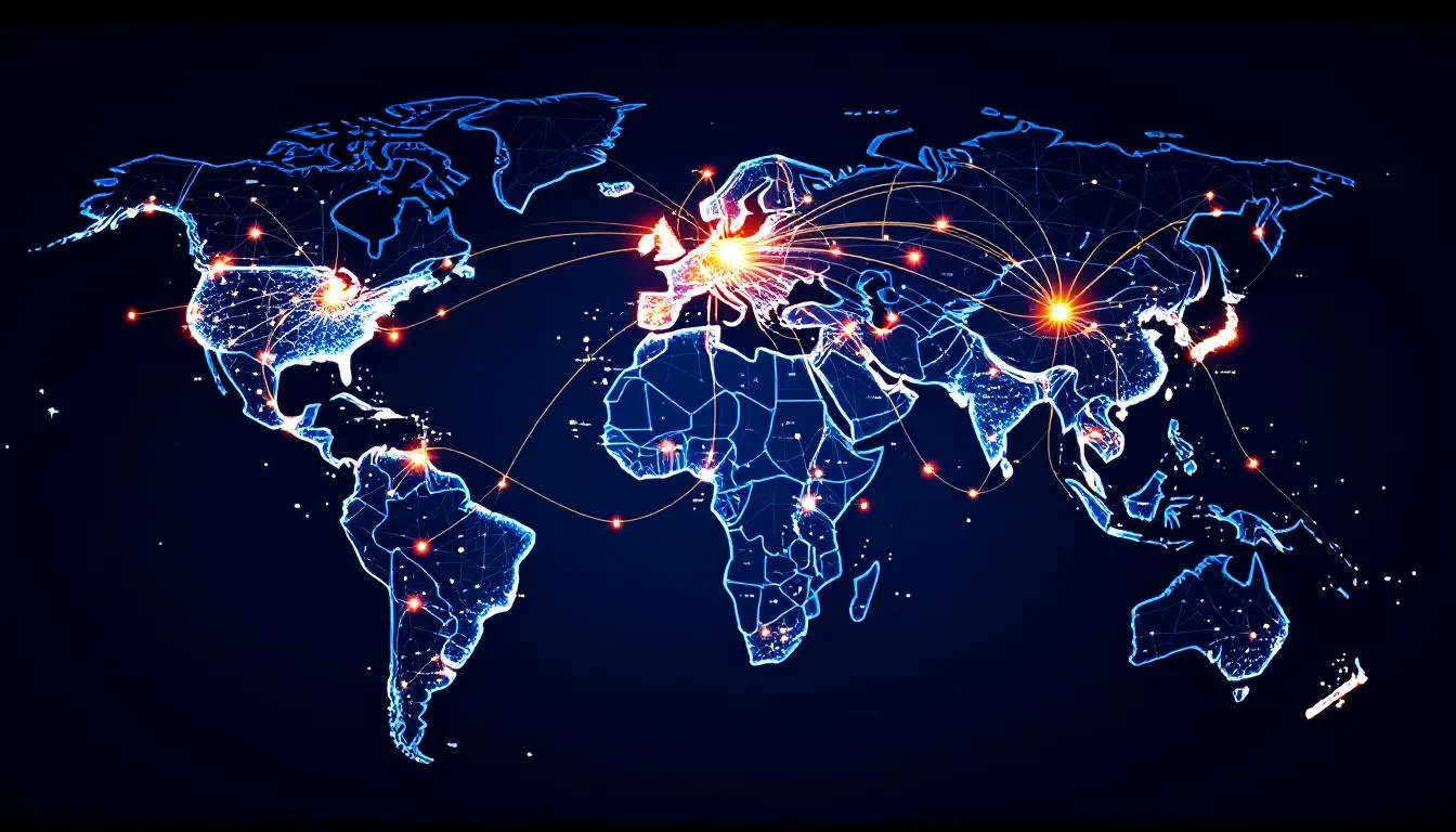 The image depicts a world map with glowing lines connecting various locations, symbolizing the global network of international business reach. This visual representation emphasizes the importance of a strong online presence in today's digital world, allowing businesses to engage with potential customers and enhance their customer relationships through effective digital marketing strategies.