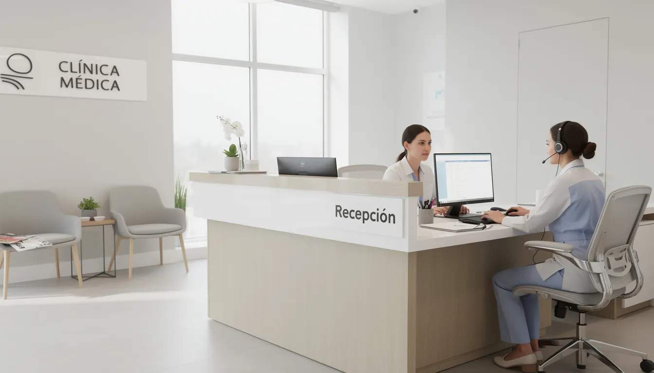 En la recepción de una clínica médica, el personal administrativo trabaja concentrado en sus computadoras, gestionando citas y recordatorios de consultas para pacientes. Se pueden ver documentos y dispositivos que facilitan la comunicación con clientes a través de correos electrónicos y mensajes de WhatsApp.
