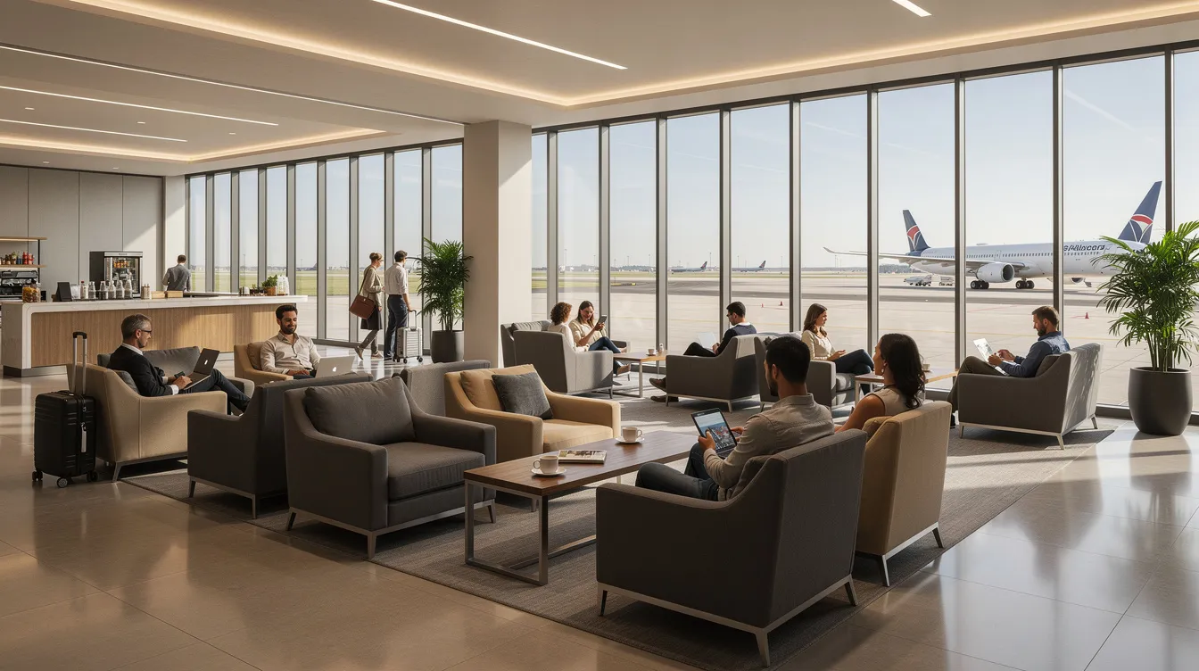 The image depicts the interior of a modern airport lounge featuring comfortable chairs and large windows that provide a view of the runway, where travelers are seen relaxing. This inviting space is ideal for those looking to enjoy travel perks and benefits, such as lounge access, while waiting for their flights.