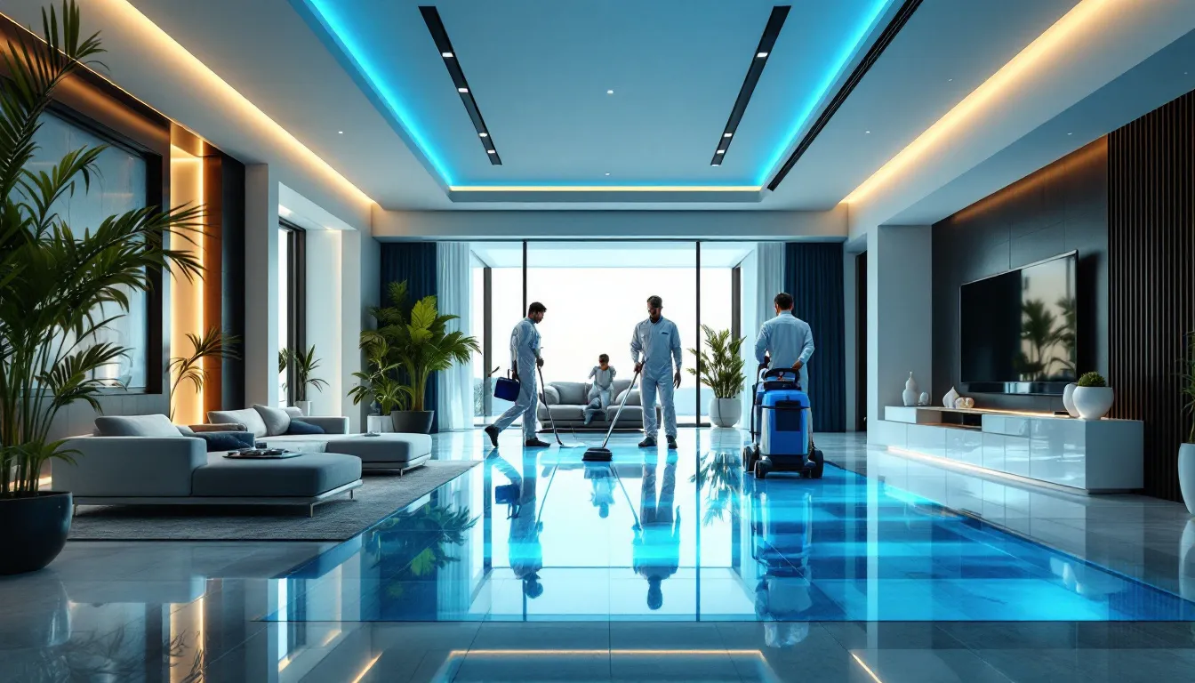 A luxurious villa undergoing deep cleaning services by expert cleaners.