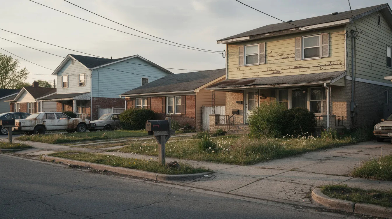 The image depicts a row of suburban houses seen from the street, featuring some properties with overgrown lawns and dated exteriors, which may present opportunities for savvy investors interested in flipping houses. This scene reflects the potential for real estate investors to identify distressed properties in the local market for renovation and resale.