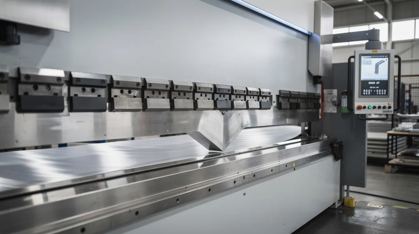 A large CNC press brake machine is shown bending a sheet of stainless steel, with the punch descending into a V-shaped bottom die to create precise bend angles. The machine is engaged in the sheet metal bending process, ensuring tight tolerances and dimensional accuracy for the metal components being formed.