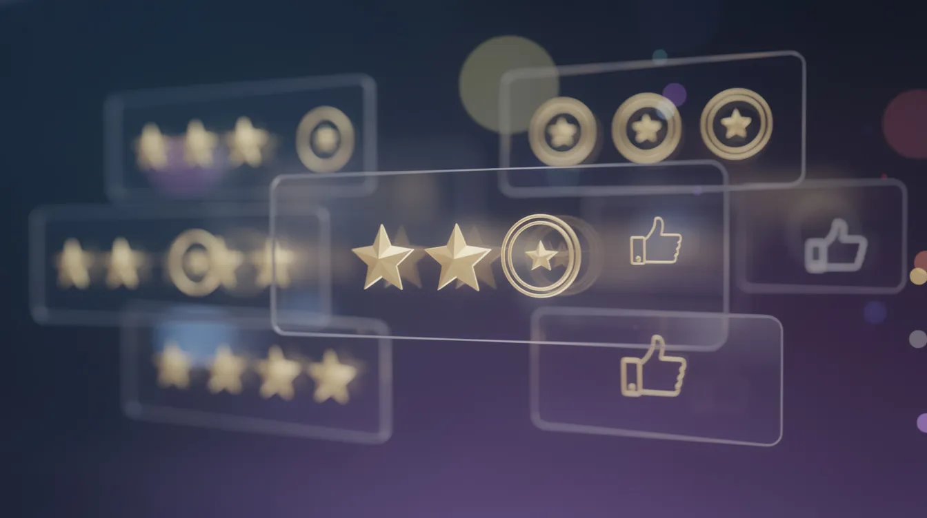 Die abstrakte Darstellung zeigt Sterne und Bewertungssymbole auf einem digitalen Bildschirm, die visuell ansprechend angeordnet sind und einen Eindruck von Bewertungen und Rankings vermitteln. Diese Elemente könnten in einem Snippet Generator für Suchmaschinenoptimierung verwendet werden, um die Sichtbarkeit einer Webseite in den Google Suchergebnissen zu erhöhen.