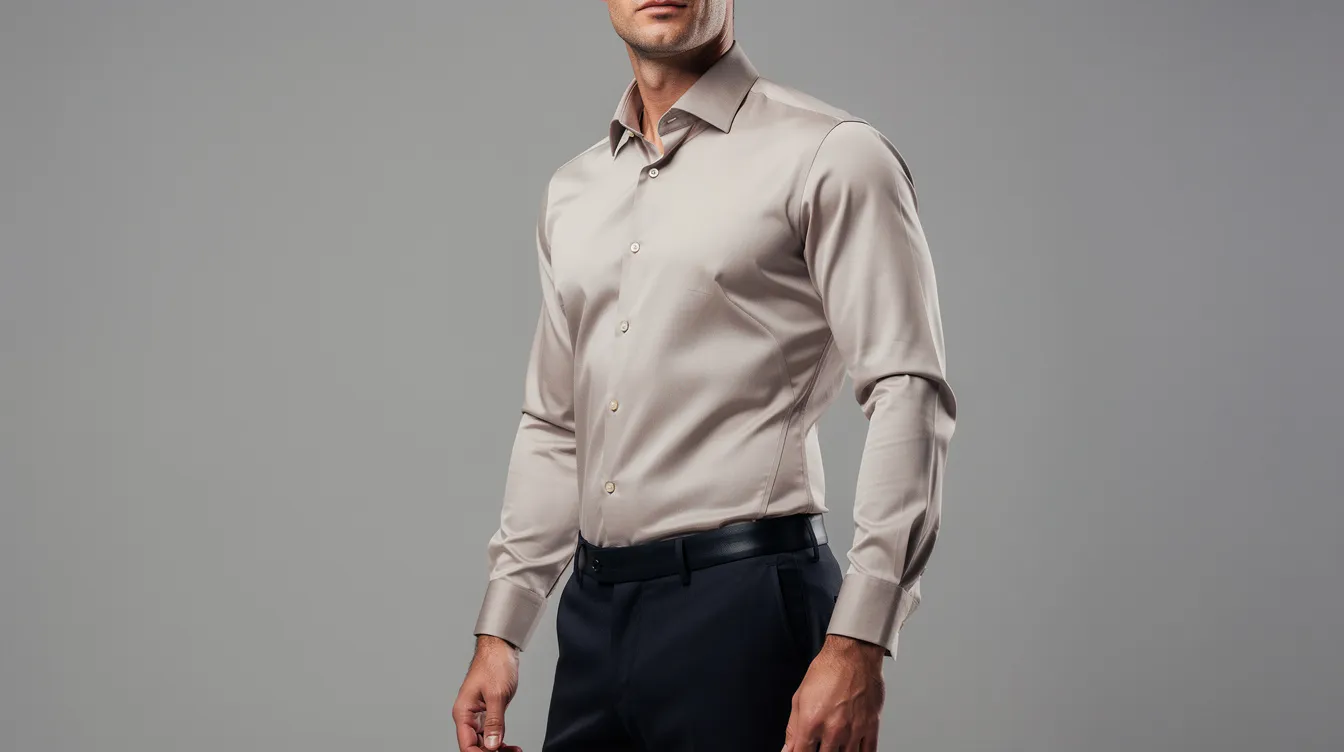 A man is standing confidently in a fitted shirt that highlights his narrower waist silhouette, showcasing the results of male liposuction aimed at reducing stubborn fat deposits around the waist area. His appearance reflects a sculpted look, often sought after by male liposuction patients seeking to enhance their body contours.