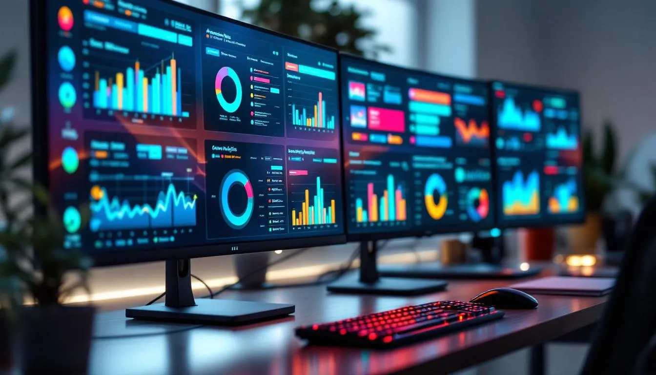 The image features multiple computer monitors showcasing vibrant analytics dashboards filled with charts, graphs, and key performance indicators, highlighting essential metrics for growth marketing strategies. These visuals provide insights into customer behavior and marketing efforts, crucial for successful growth marketers aiming to enhance customer engagement and retention.
