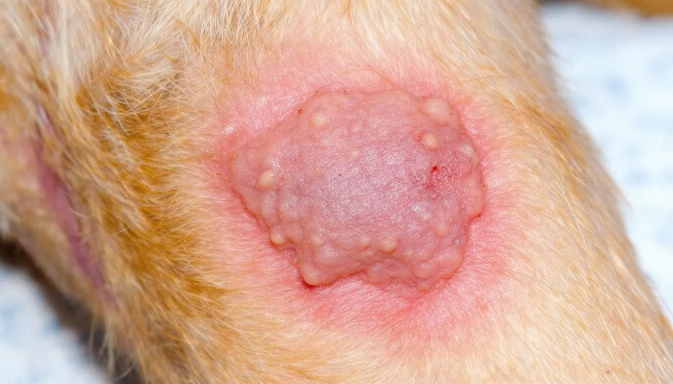 A close-up image shows a mast cell tumor on a dog