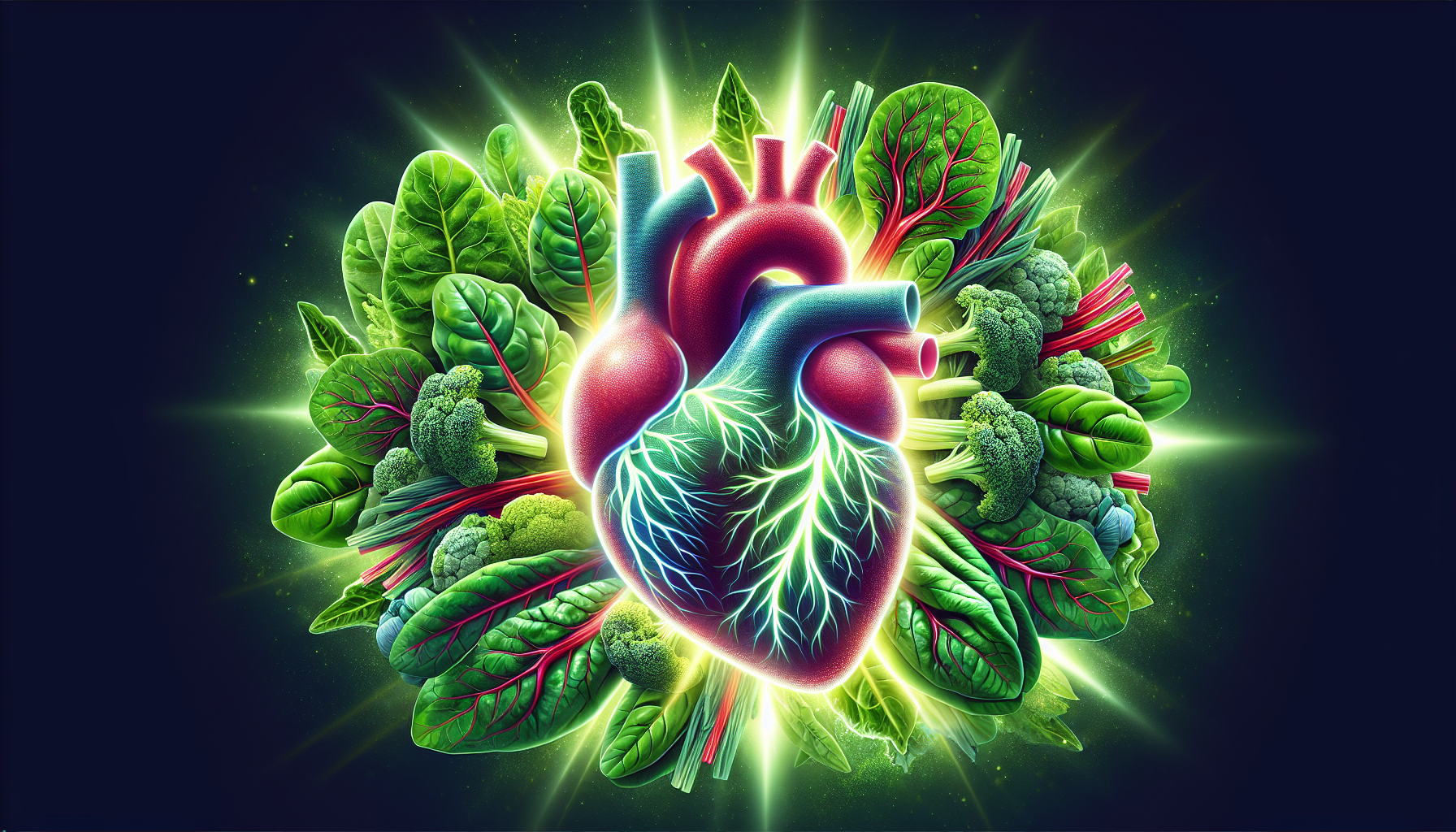 Illustration of a healthy heart and green leafy vegetables