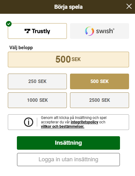 Registrering och skapa konto hos Mega Riches, med Trustly eller Swish.