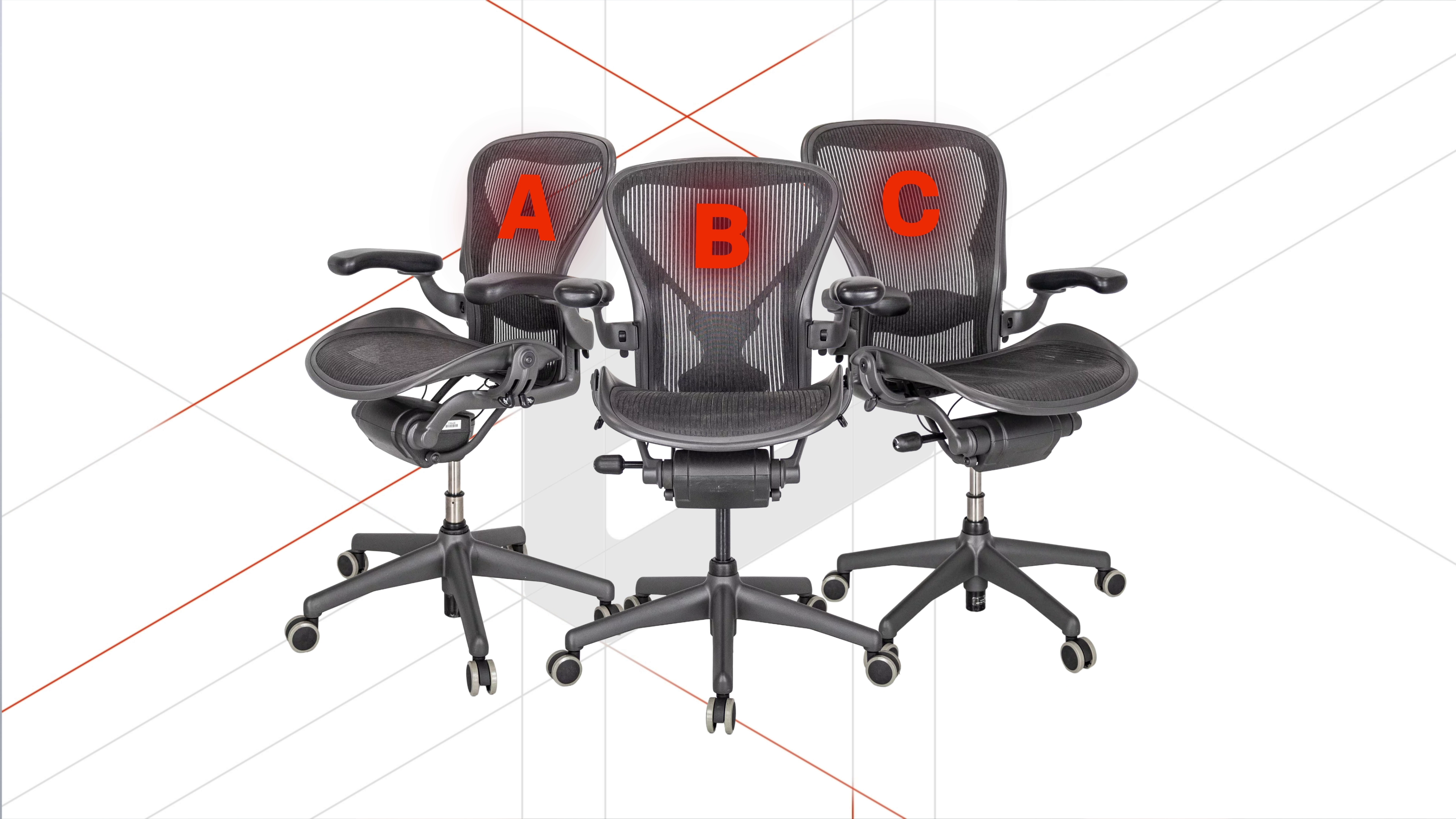 Herman Miller Aeron – porównanie rozmiarów A, B i C. Jak dobrać idealny rozmiar? 1 Herman Miller Aeron w 3 wariantach rozmiarowych. Źródło: Brastech