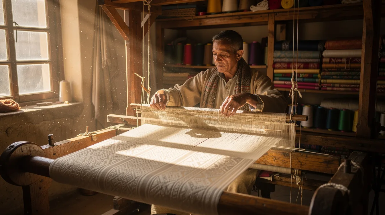ee4344ff a6a3 4b32 9ddf 5bbb3a4a071a An artisan is skillfully weaving fine pashmina fabric on a traditional handloom in a sunlit workshop, showcasing the rich culture and craftsmanship of Kashmir. This scene highlights the potential for profitable business ideas in the textile production industry, leveraging local artisans and natural resources to contribute to Kashmir's economy.