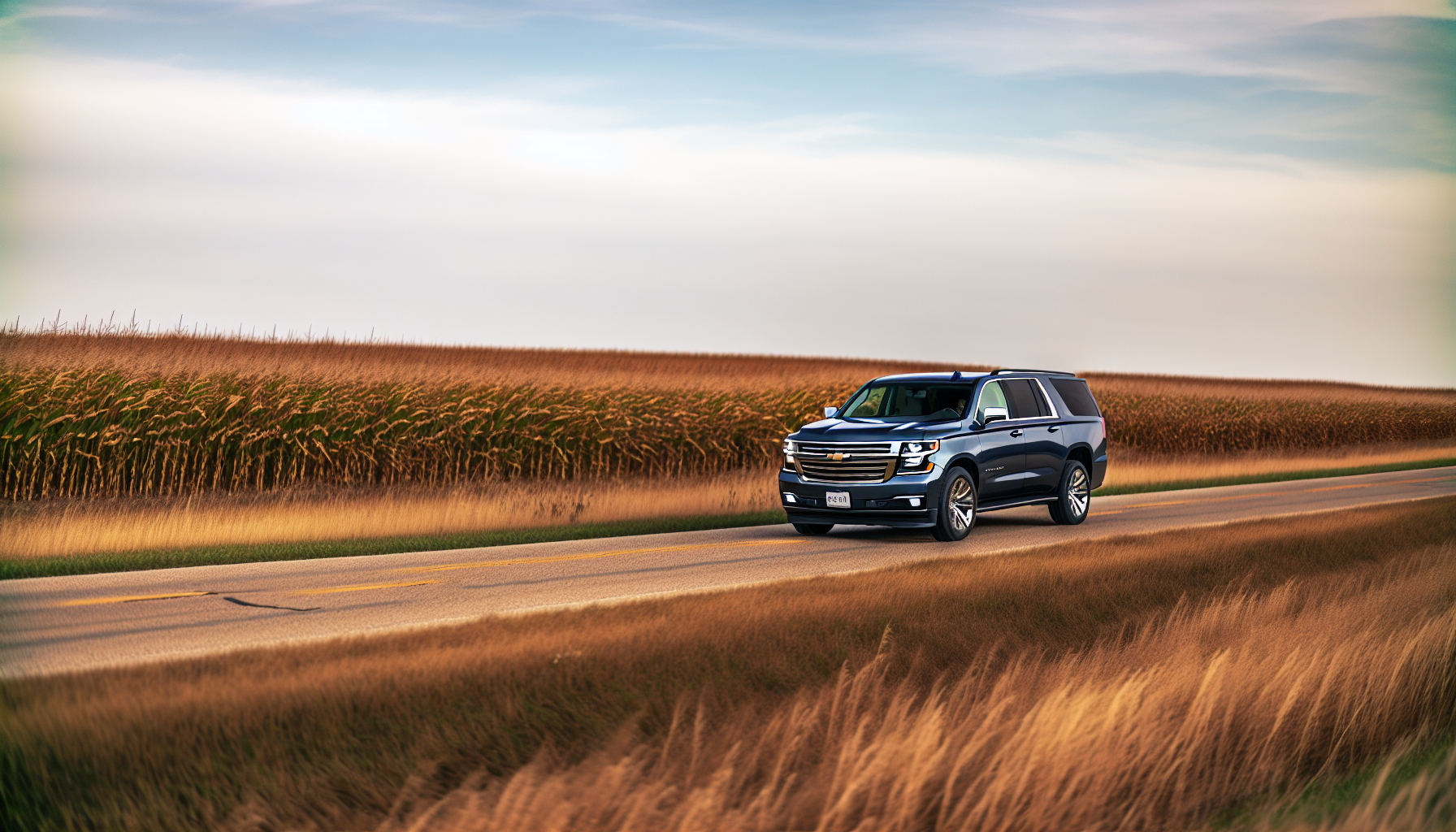 A spacious 2024 Chevy Suburban driving on a rural road in Iowa