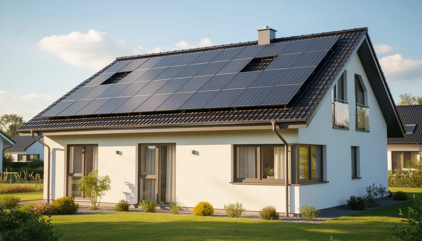 Na dachu dwuspadowym domu jednorodzinnego znajduje się instalacja fotowoltaiczna, która w słoneczny dzień efektywnie generuje energię z odnawialnych źródeł. To nowoczesne rozwiązanie przyczynia się do ochrony środowiska naturalnego oraz obniżenia kosztów energii dla klientów.