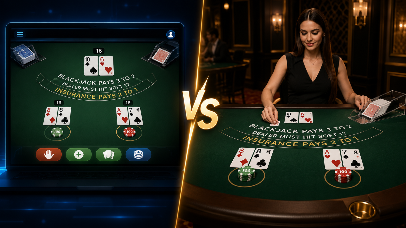 Jämförelse mellan online blackjack och live casino med skillnader i speltempo, strategi och spelupplevelse.