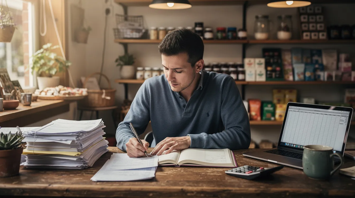 ee477eaa b6b4 448c 9d59 108594424748 A small business owner is seated at a shop counter, diligently reviewing paperwork related to their mudra loan application. The scene captures the essence of entrepreneurship, as the owner organizes essential documents like bank statements and business registration papers to improve their chances of loan approval from financial institutions.