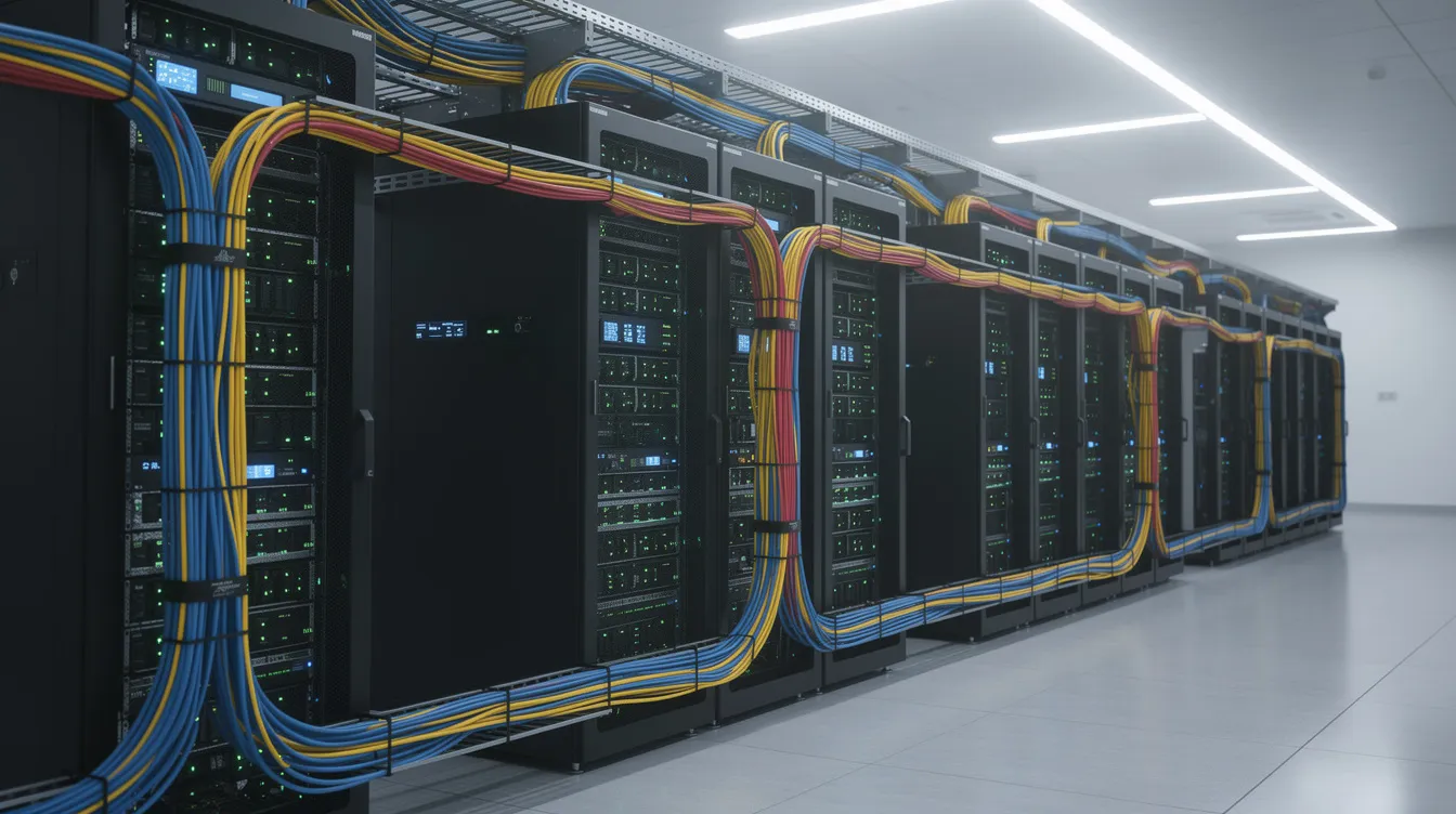 The image depicts a modern server room featuring neatly organized cable management and numerous blinking status lights, highlighting the advanced infrastructure that supports artificial intelligence systems. This environment emphasizes the importance of data security and infrastructure security, essential for protecting sensitive data and mitigating potential AI security risks.