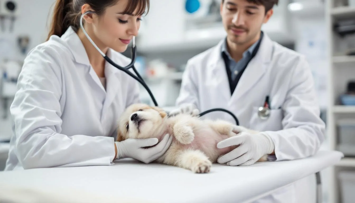A veterinarian is seen performing diagnostic testing on a young puppy, assessing its health for signs of canine parvovirus infection, a highly contagious disease that can severely affect unvaccinated dogs. The puppy appears anxious while the vet conducts the examination, highlighting the importance of veterinary attention in preventing severe illness.