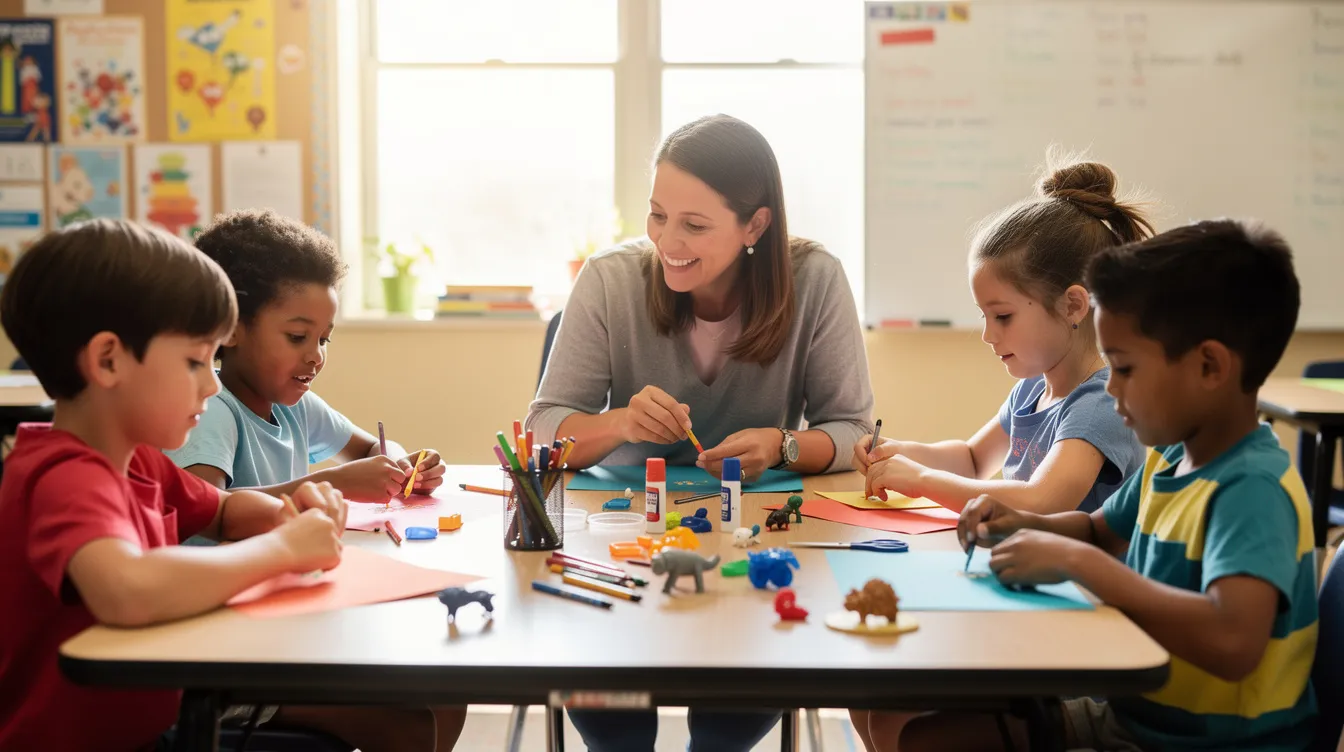 A teacher is sitting at a table with a small group of young students, actively engaging them in a hands-on activity that fosters critical thinking and enhances their learning experience. This interaction exemplifies the supportive role of educators in integrating educational technology and artificial intelligence in education to prepare students for future challenges.