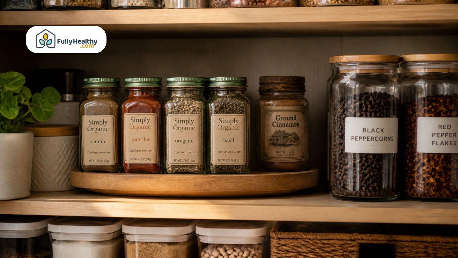 Organized pantry shelf with labeled spice jars including ground cinnamon